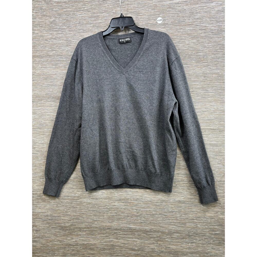 KALLSPIN Sweater Mens XL Gray V Neck Cashmere Blend Lightweight Pullover